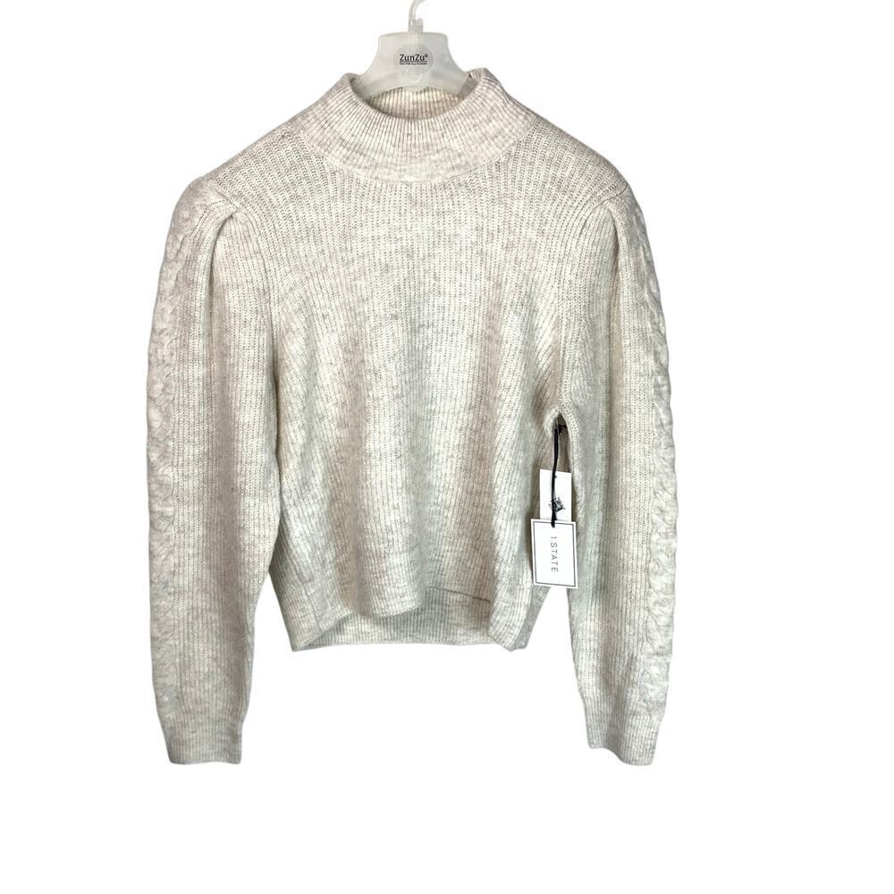1. STATE Malted Beige Open Back Puff Sleeve Sweater Size M NWT Cropped Neutral